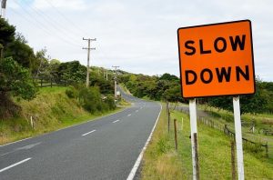 road sign says slow down. On the big dream road.